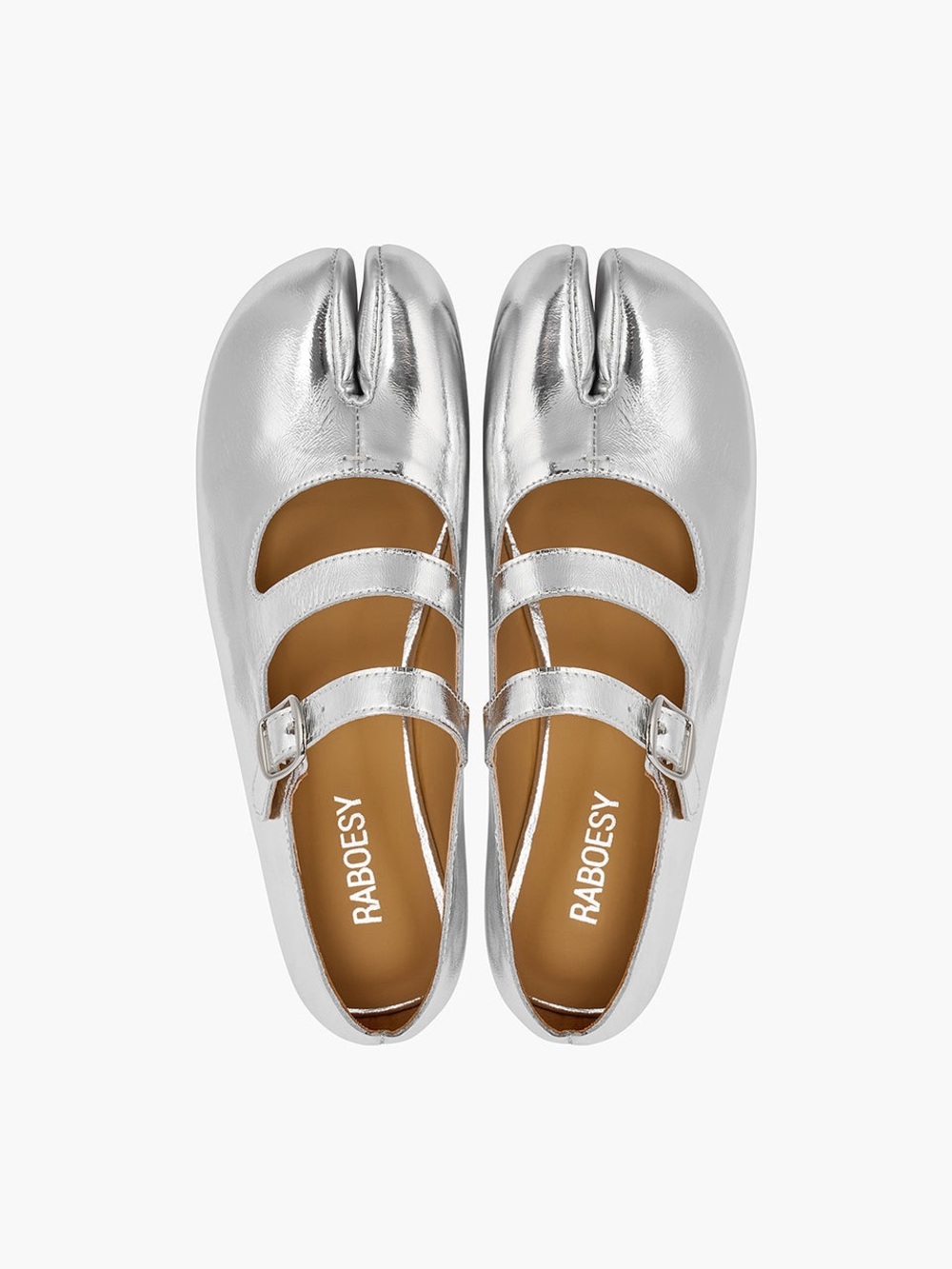 RABOESY Metallic Silver Leather Double Straps Tabi Ballet Flats Size 8